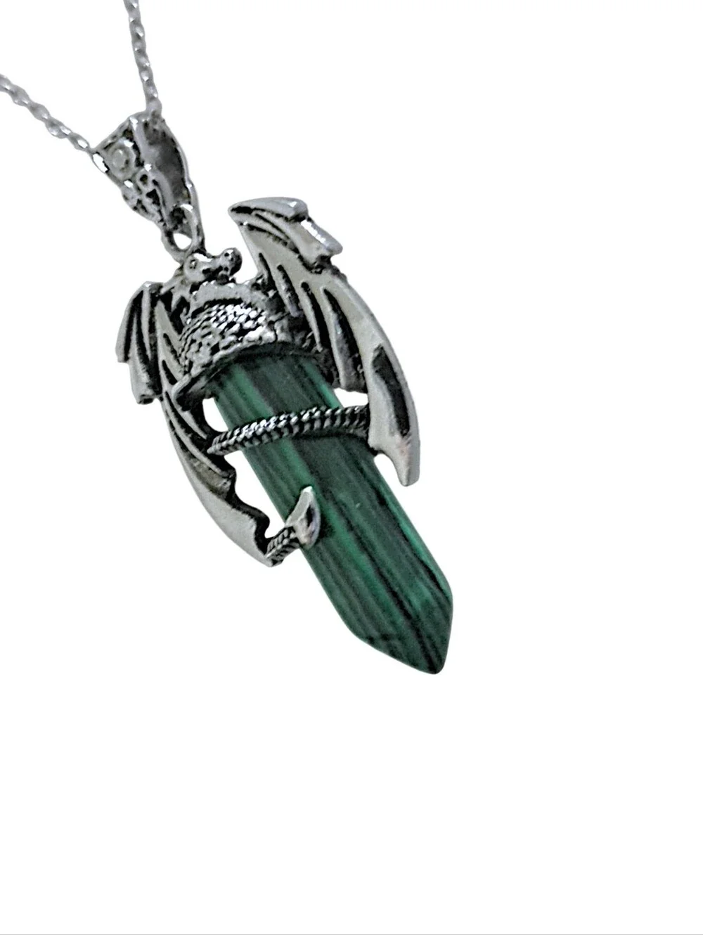 Silver Dragon Green Pendant w/ Stainless Steel Necklace NWOT